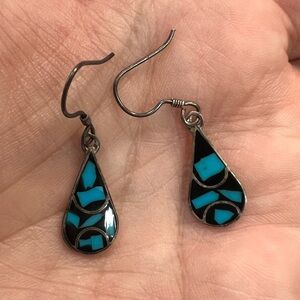 Vintage TAXCO Mexico Turquoise Black Onyx Sterling Silver Earrings